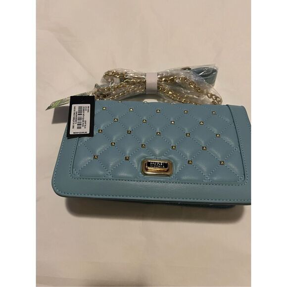 NWT Badgley Mischka quilted blue gold studded crossbody bag with chain strap, 10 - Picture 2 of 6